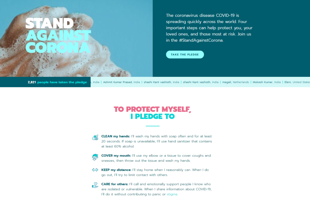 Stand Against Corona website screengrab with pledge to take covid protection actions: clean hands, cover mouth, keep distance, and care for others.
