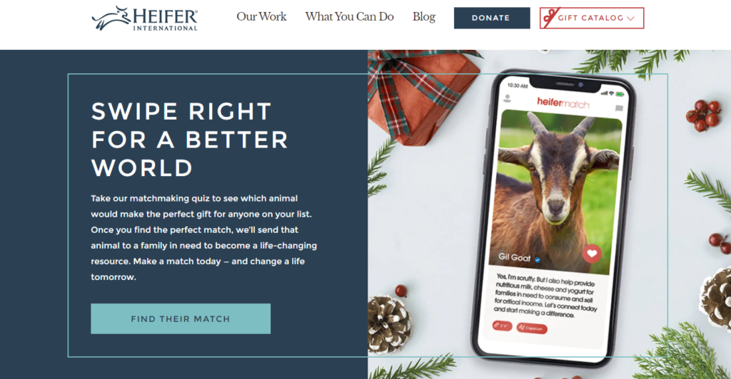 Screenshot of Heifer International's homepage showing an option to "swipe right" to give the gift of a goat.