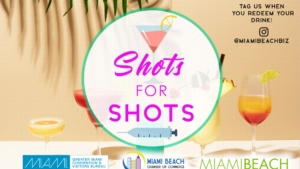 Promotional image that reads shots for shots. A business in Miami was offering free shots of alcohol for those who got a vaccine shot.